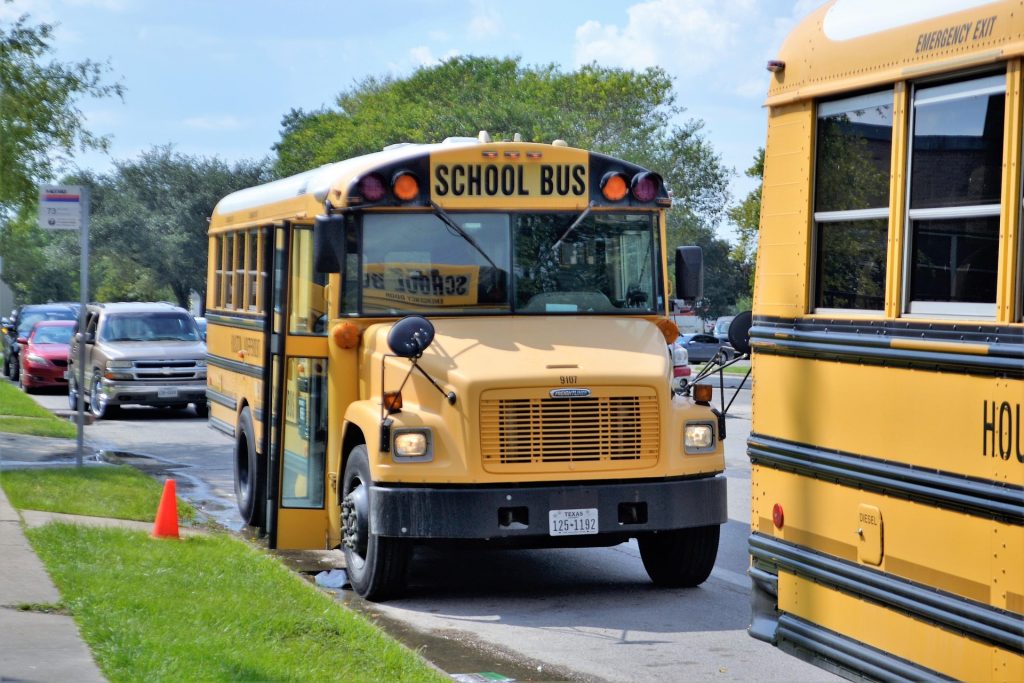 School buses parked along a quiet street